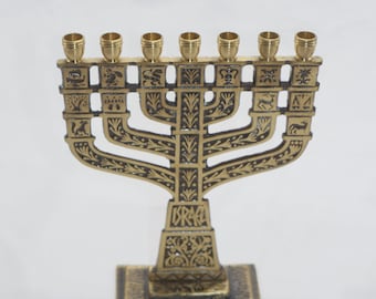 lot nr 660 vintage brass  Judaica Menorah Israel candle holder candlesticks ritual many symbols