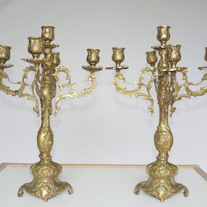 lot nr 551 old antique solid  brass French 4 arms for 5 candles holders candelabra pair 2 pcs