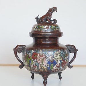 lot nr 310 old antique solid bronze heavy Japan incense burner cloisanne enamel with people depiction censer