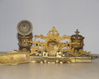 Encrier Double Ancien En Laiton/bronze Avec Godets Verre - Matériel De Bureau Vintage - Très Bon état - Décoratif