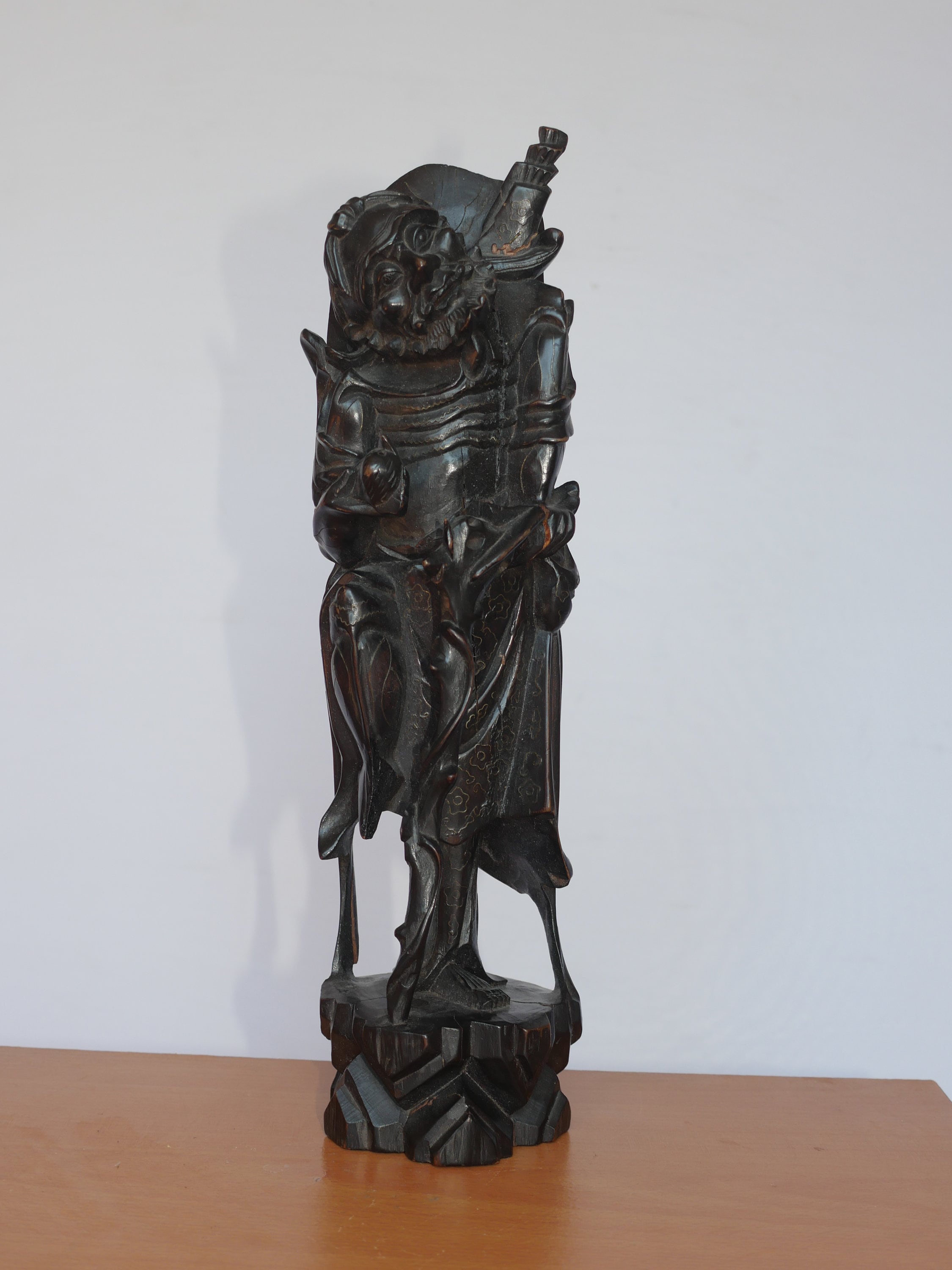 Chinese Bodhidharma Damo Statue, Hand Carved Rosewood With Brass