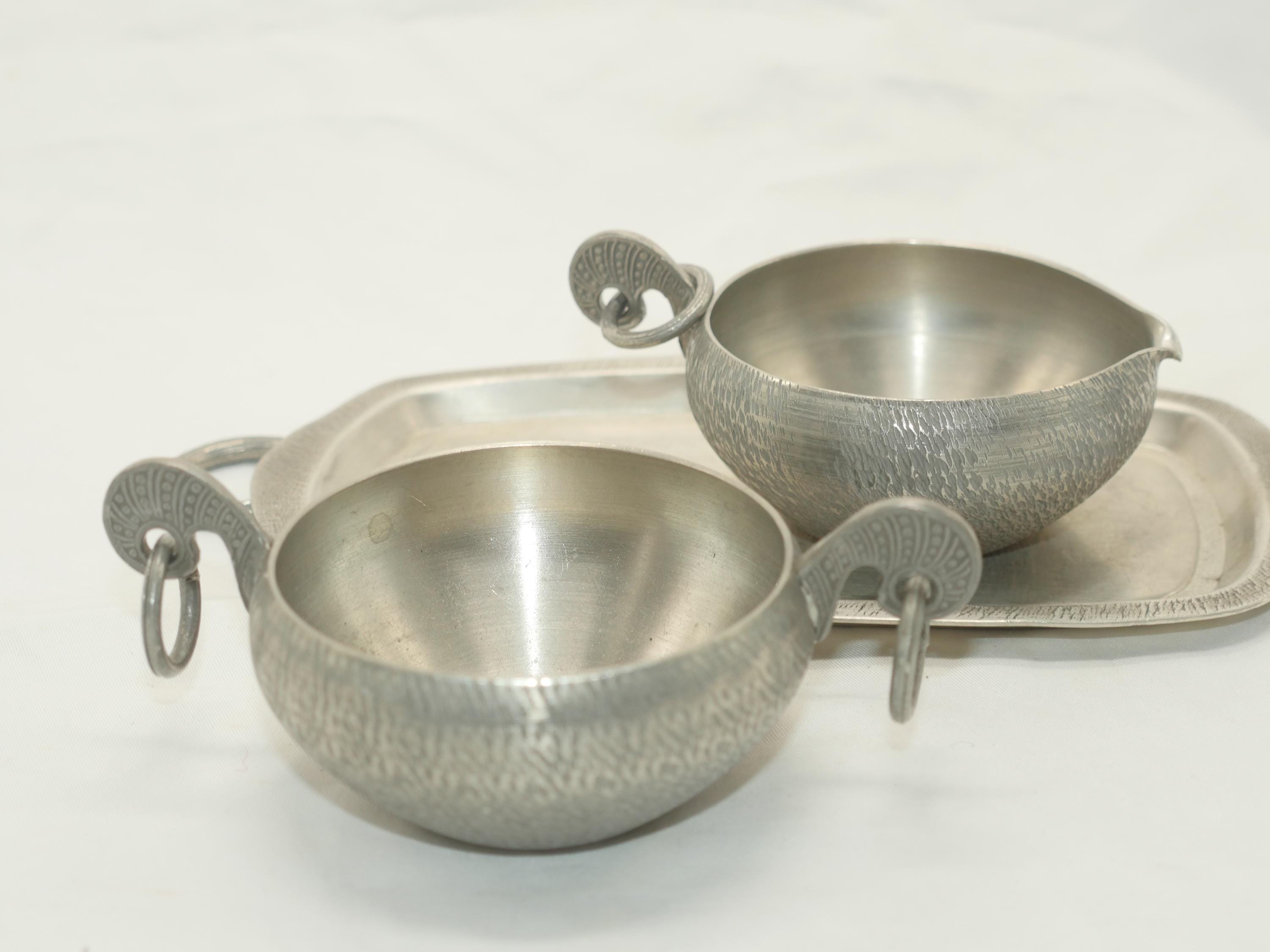 Vintage Pewter Sugar and Cream Set With Tray, Norway, Eik Tinn