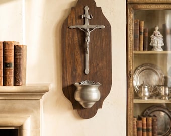 Vintage French Holy Water Crucifix: Wood & Pewter, 1950s, lot nr 604