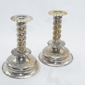 lot nr 18 old vintage antique Swedish silver metal brass 2 pcs candle holder waved stem set pair made in Sweden