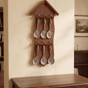 Op de afbeelding: Een wandrek van hout met een puntige bovenkant, voorzien van verticale latten en twee horizontale stangen. Zes zilverkleurige metalen lepels met schelpvormige kommen en versierde, getextureerde handvatten hangen in twee rijen van drie.