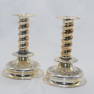 lot nr 130 old vintage antique Swedish silver metal brass 2 pcs candle holder waved stem set pair made in Sweden