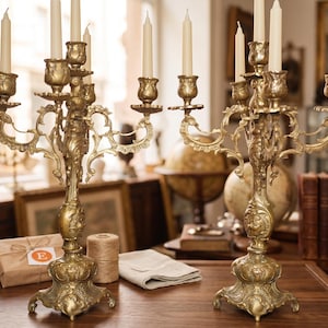 Solid Brass Candelabra Pair - 16" Ornate 5 Arm Candle Holders - French Baroque Rococo Style Wedding Centerpiece, lot nr 551
