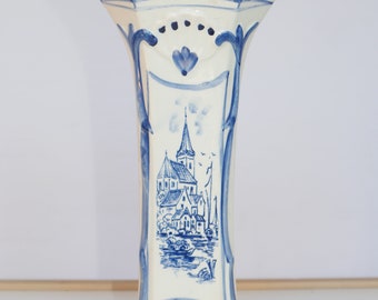 ヴィンテージ デルフト ブラウ花瓶、八角形オランダ陶器、都市と花柄の