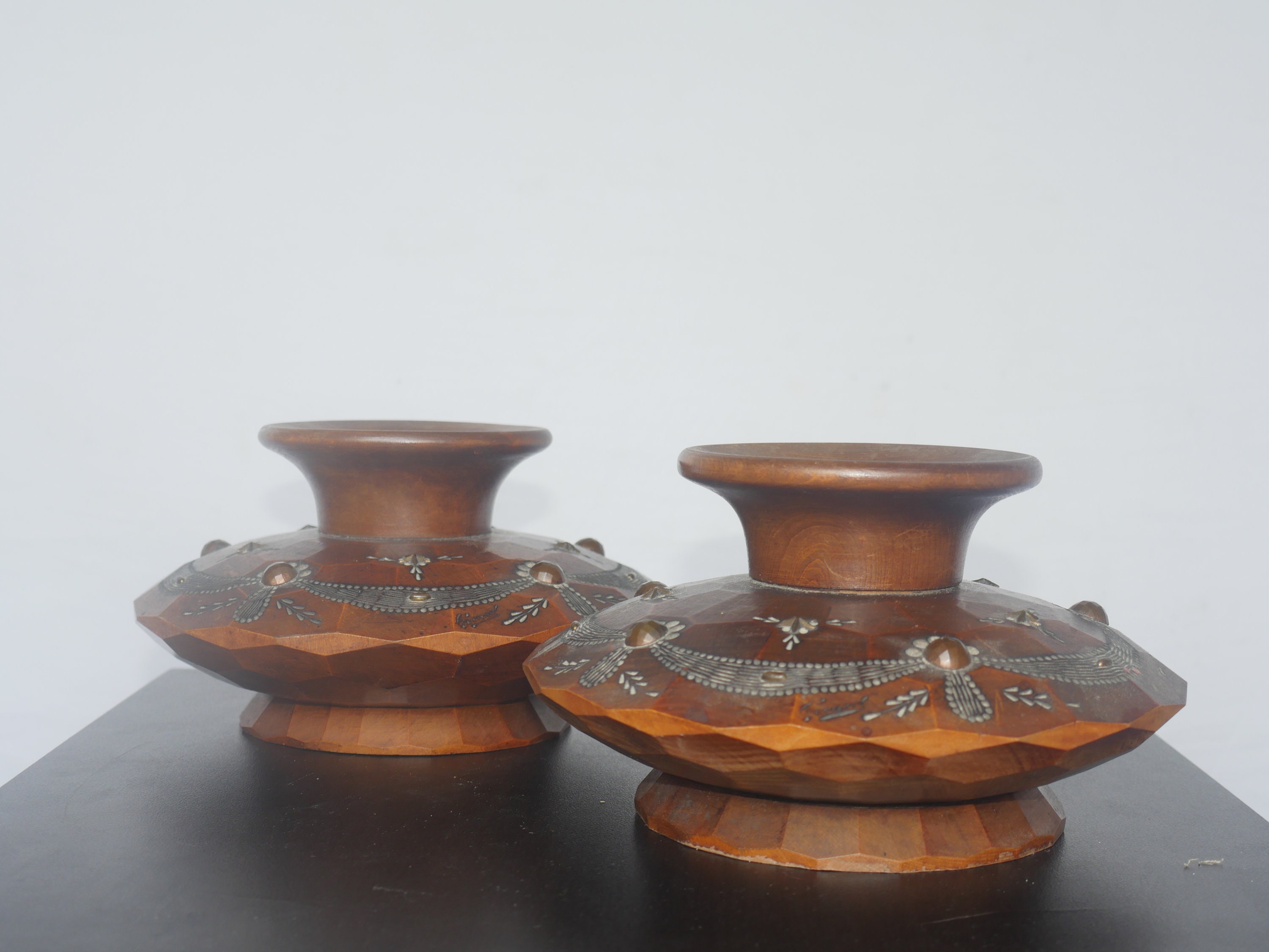 lot nr 294 rare unusual vintage wooden with bronze overlay candle holders candlesticks 2 pcs pair set