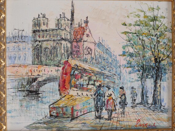 Vintage Paris Street Scene Oil Painting, Notre Dame & Seine River