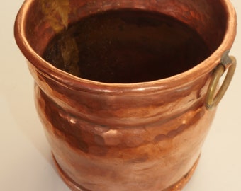 vintage antique solid heavy copper with brass rings round planter, nr 934
