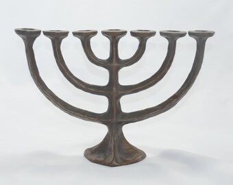 lot nr 827 Old antique vintage solid bronze heavy Menorah Judaica rare Judaism 7 arms candle holder brutalist style