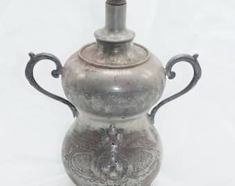 lot nr 913 rare old antique ornate embossed patterns pewter tin carafe decanter with 2 handles - cork lid jug jar