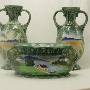 Antique Bernhard Bloch Garniture Set, Eichwald Majolica Vases & Jardiniere, Art Nouveau 3-Piece Set, Austrian Jugendstil Landscape , nr 707