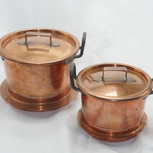 lot nr 57 vintage Swedish copper and aluminum with iron handles set of 2 different boiling lidded pans made in Sweden