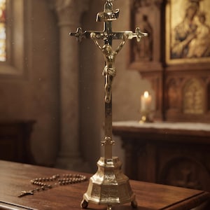 May include: A polished gold-toned metal crucifix standing on an ornate, multi-sided base with three small feet. The cross features a figure of Christ and a small banner at the top with the letters INRI. A set of brown wooden rosary beads lies nearby.