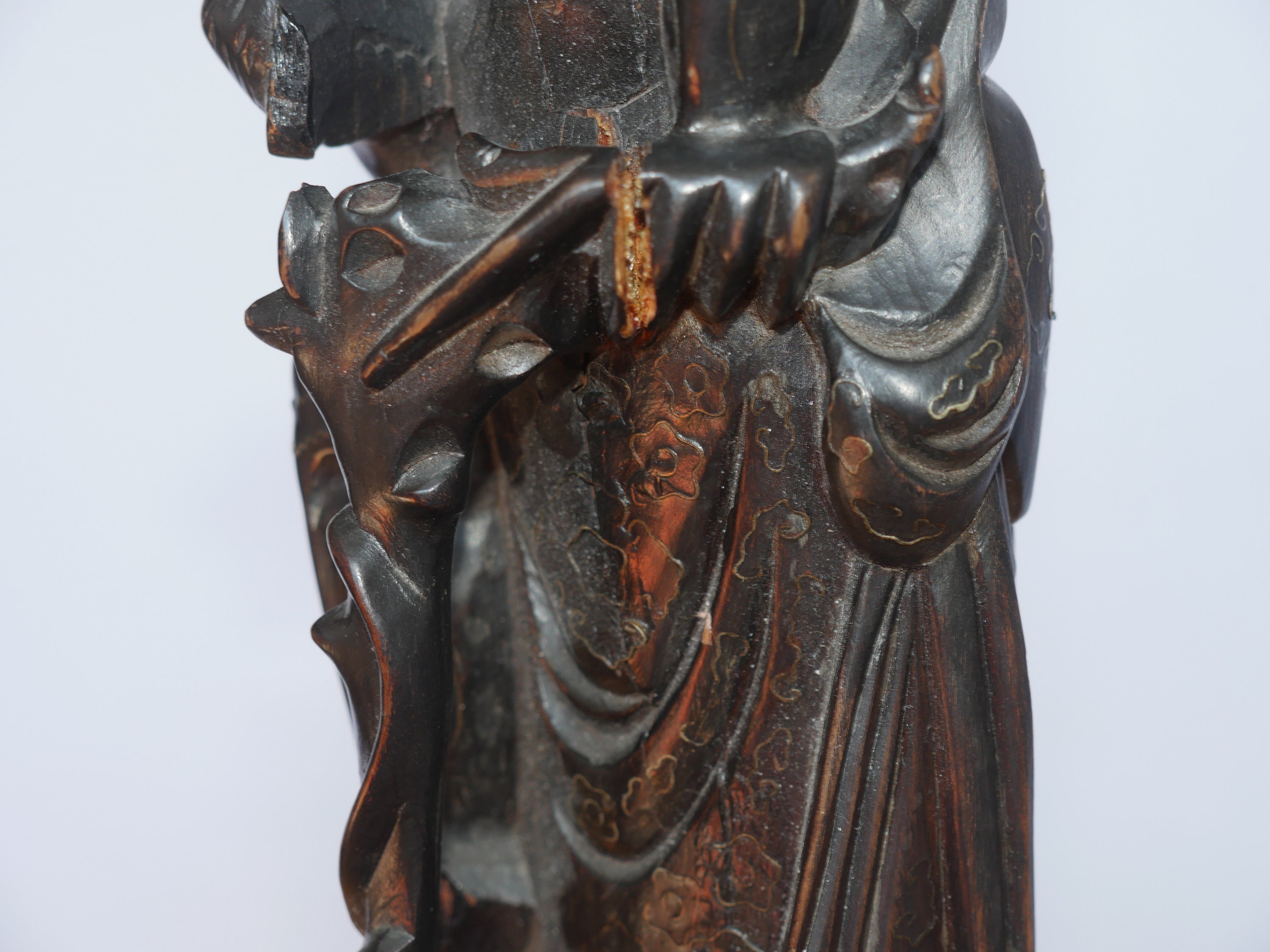 Chinese Bodhidharma Damo Statue, Hand Carved Rosewood With Brass