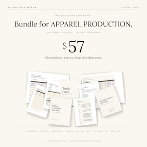 Op de afbeelding: Een bundel voor kledingproductie, met diverse documenten en de tekst "Bundle for APPAREL PRODUCTION." De prijs is $57. De bundel bevat een tech pack, een fit log en een kwaliteitscontrole checklist.