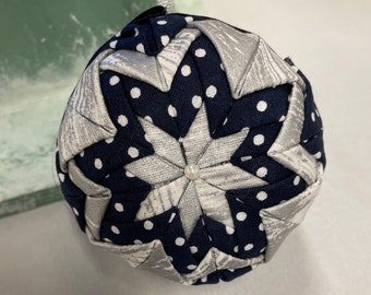 3' Quilted Christmas ornament handmade/ 3' Fabric Christmas ornament/blue and silver ornaments/ Folded fabric ornament