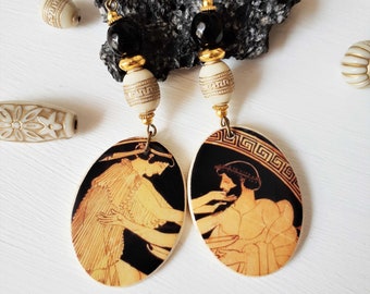 Boucles d'oreilles Grèce antique, bijoux archéologiques, réplique de vase grec antique, boucles d'oreilles grecques, symposium, scène d'amour, amoureux grecs