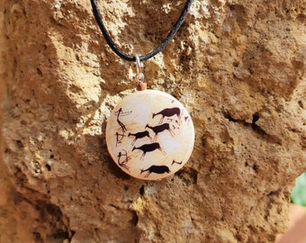Prehistoric hunting scene pendant, rock art necklace, painting from the Horse Cave Valltorta Tìrig Spain, prehistoric necklace