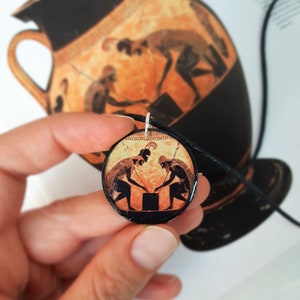 Achilles and Ajax Pendant, Greek Mythology and Archaeology Necklace, Exekias Amphora Replica from Vulci Lazio, Ancient Greek Ceramic Pendant