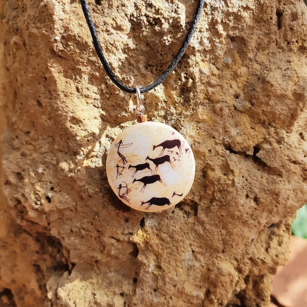 Prehistoric hunting scene pendant, rock art necklace, painting from the Horse Cave Valltorta Tìrig Spain, prehistoric necklace