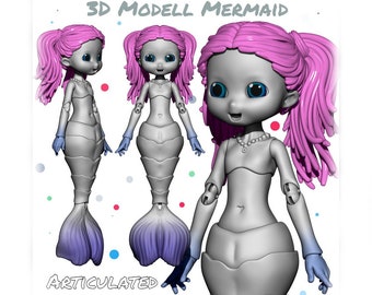 May include: A 3D model of a mermaid with pink hair, blue eyes, and a grey body. The mermaid is articulated and has a tail that is a gradient of purple and blue.