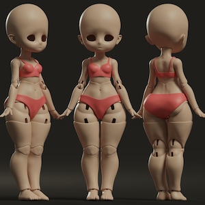 Può includere: Vista a tre quarti di una bambola beige con una testa grande e piccoli occhi. La bambola indossa un reggiseno e biancheria intima color corallo. Gli arti della bambola sono articolati e viene mostrata in tre diverse posizioni.