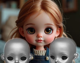 May include: Two grey doll heads with closed eyes and painted details. The doll heads are positioned in front of a doll with long blonde hair wearing a blue denim overall dress.