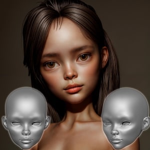 May include: A 3D model of a young girl's face with long brown hair. The model is shown in two different views, one with a neutral expression and the other with a slightly surprised expression.