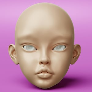 May include: A smooth, light beige, bald mannequin head with a rounded shape, featuring large, neutral-toned eyes, a small nose, and slightly parted lips. The facial features are symmetrical and rendered with a matte finish, presenting a blank expression.