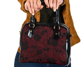 Red Rose Skulls Shoulder Handbags, Mother's day Gifts for Her Vegan Leather  Custom Tote Bag Crossbody Bag