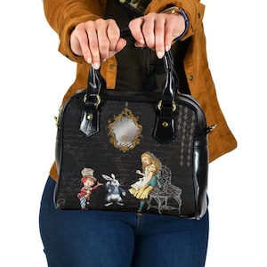 Alice in wonderland Shoulder Handbag, Custom Vegan Leather Gothic Hand Bag Gifts for Girlfriend