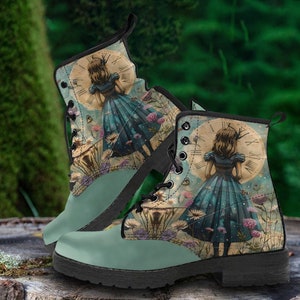 Alice in Wonderland Women&#39;s Vegan Leather Boots, Alice Gifts for Her Platform Boots, Custom Combat Boots, Gothic Shoes