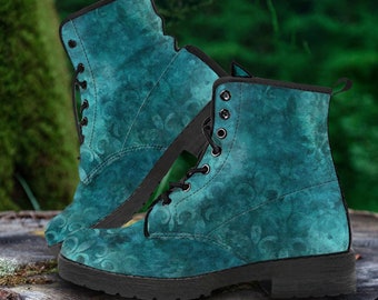 Teal Grunge Baroque Vegan Leather Combat Boots