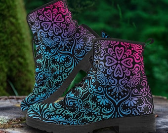 Bohemian Rainbow Vegan Leather Combat Boots: Abstract Arty Design