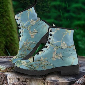 Combat Shoes Vintage Art Vincent van Gogh Almond Blossom Leather Boots, Art Lover Gifts for Mom