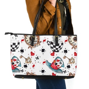 Alice in Wonderland Large Vegan Leather Tote Bags, Mother's Day Gifts for her Weekender Bag Crossbody Bag