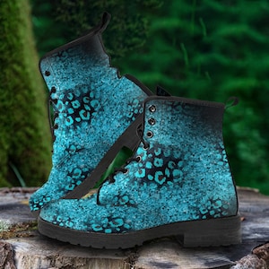 Teal, Black and Blue Vegan  Leather Boots, Mother&#39;s Day Gifts for Her Casual Cute Shoes Combat Women Boots