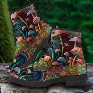 Abstract Mushroom Print Combat Boots - Stylish Vegan Leather Shoes, Whimsical Cottage Core
