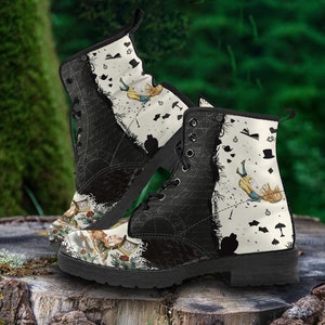Combat Boots  Alice in wonderland Black Vegan Leather Boots, Alice Gifts for Her  Style Unisex Adult Shoes