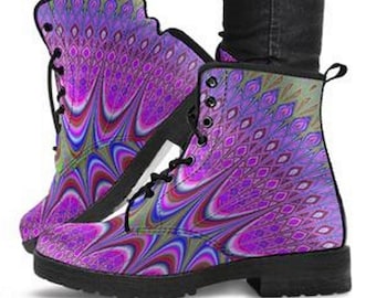 Combat Boots Purple Mandala Boots, Winter Boots Womens, Unique Shoes, Custom Printed Boots ,  Winter Leather Boots, Ankle Boots, Footware