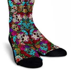 Sugar Skull Socks Men Black, Women Custom, Skull, Roses, funny, Clothing, Gift for her, Men