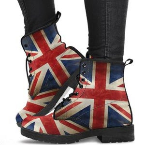Gevechtslaarzen Dameslaarzen, Union Jack, veganistisch leer, unieke hoge vlag Gepersonaliseerde geschenken Haar vriend Aangepaste laarzen Veters Schoenen Wandelen