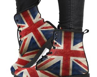 Combat Boots Womens Boots, Union Jack, Vegan Leather, Unique High Flag Personalized Gifts Her Friend Custom Boots  Laces Shoes  Walking
