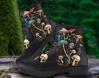 May include: Black leather boots with a mushroom print. The boots have laces and a round toe. The print features a variety of mushrooms in shades of brown, white, and blue.