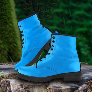 Women&#39;s Baby Blue Vegan Leather Combat Boots,  Birthday Gifts for Mother&#39;s Day Lace Up Boots