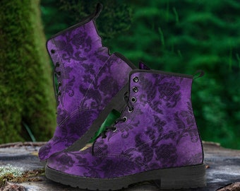 Purple Victorian Pattern Vegan Leather Custom Boots, Combat Boots , Old Fashion Lace Style Gifts for Girlfriend Casual Shoes