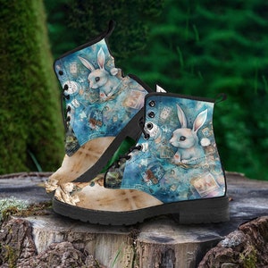 Combat Boots Alice in Wonderland Custom Vegan Leather Boots, Alice Gifts for Her Casual Cute Shoes